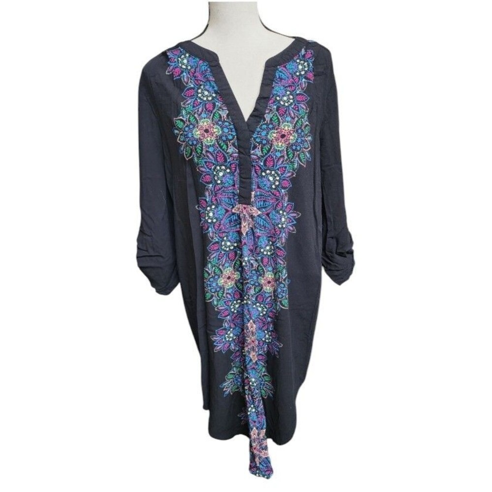 Cupio Black Floral Boho Tunic Dress Size XL Viscose Hippie